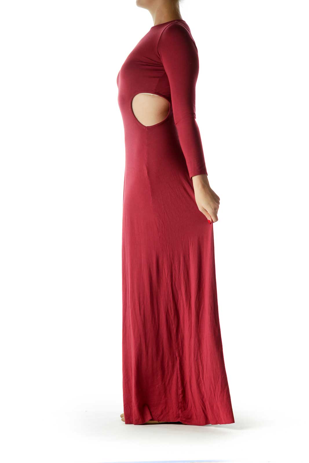 Burgundy Long Sleeve Cut Out Maxi Dress