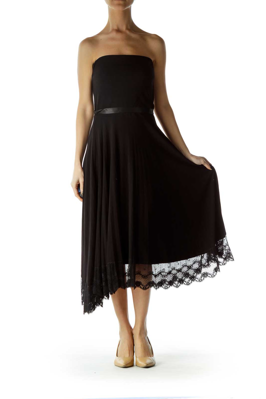 Black Strapless Cocktail Dress with Lace Details