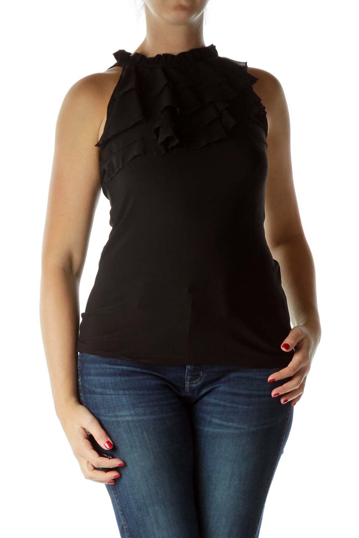 Black Ruffled High Neck Sleeveless Blouse