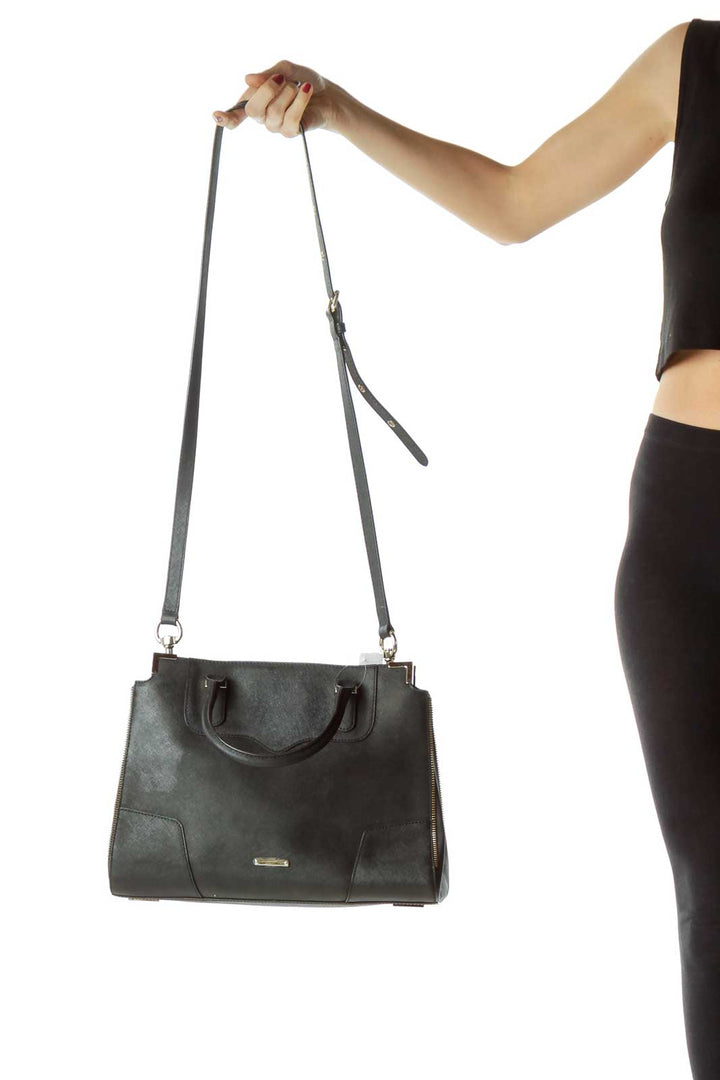 Black Zipper Detailed Leather Tote w Strap