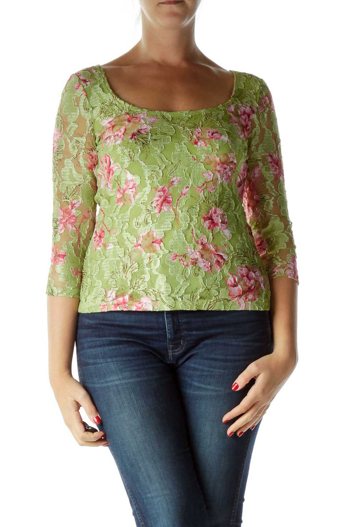 Green Pink Floral Lace 3/4 Sleeve Blouse