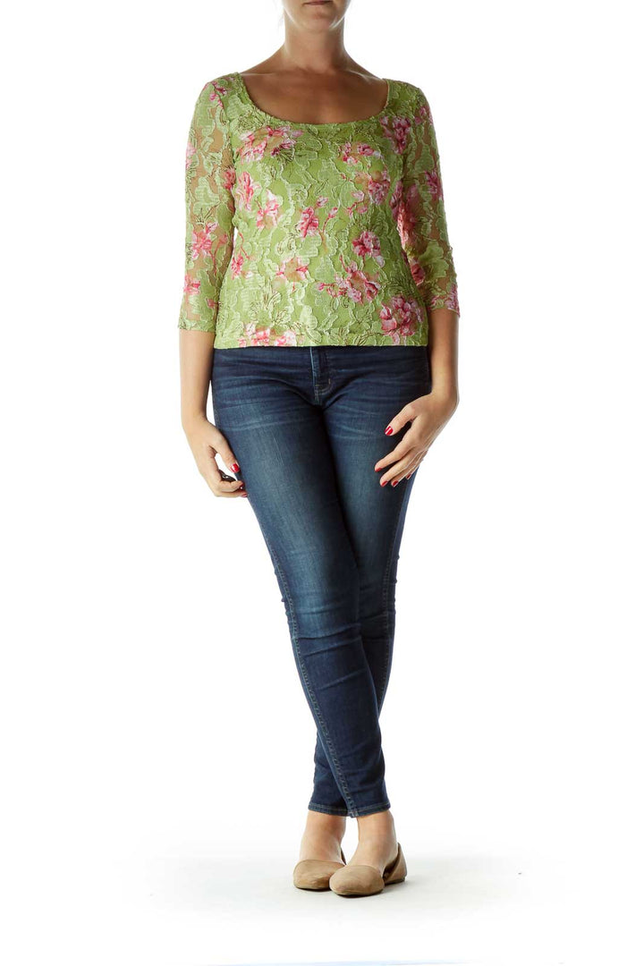 Green Pink Floral Lace 3/4 Sleeve Blouse