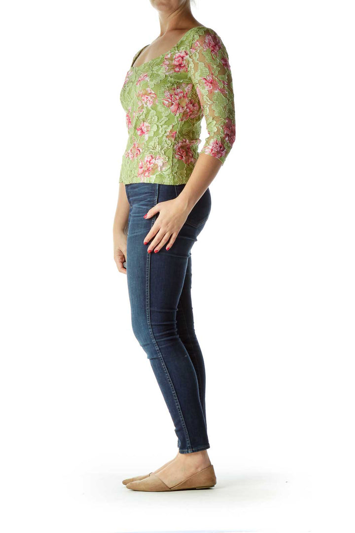 Green Pink Floral Lace 3/4 Sleeve Blouse