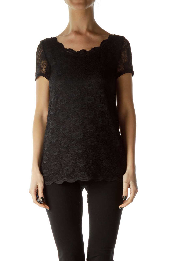 Black Lace Short Sleeve Blouse