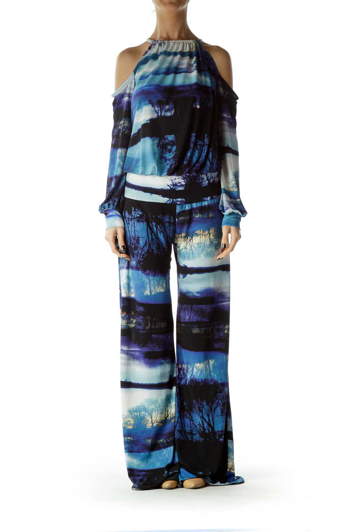 Blue Watercolor Print Cold Shoulder Jumpsuit