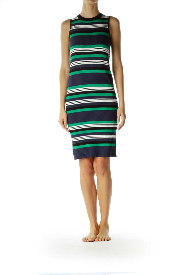 Green Navy Striped Sleeveless Knit Dress