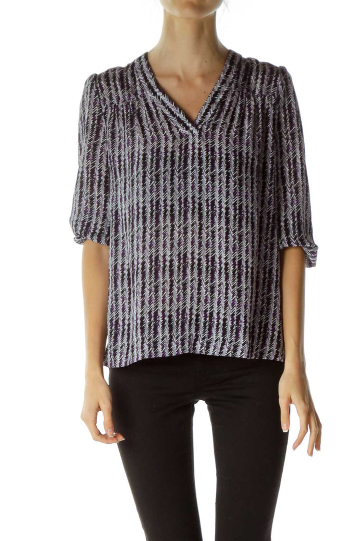 Purple Print 3/4 Sleeve Silk Blouse