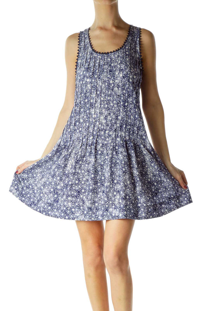 Blue White Print Silk Pleated Dress