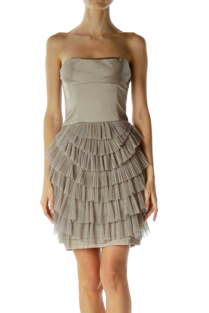 Taupe Strapless Ruffled Cocktail Dress