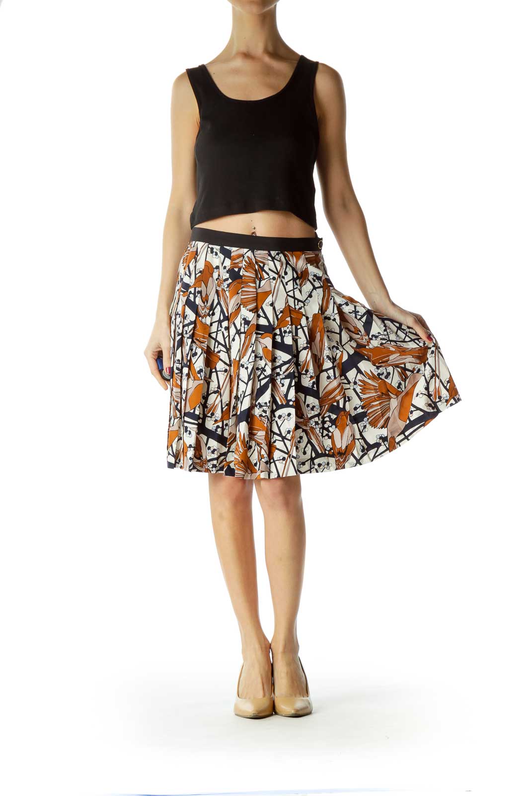 Multicolor 100% Silk Pleated Flared Skirt