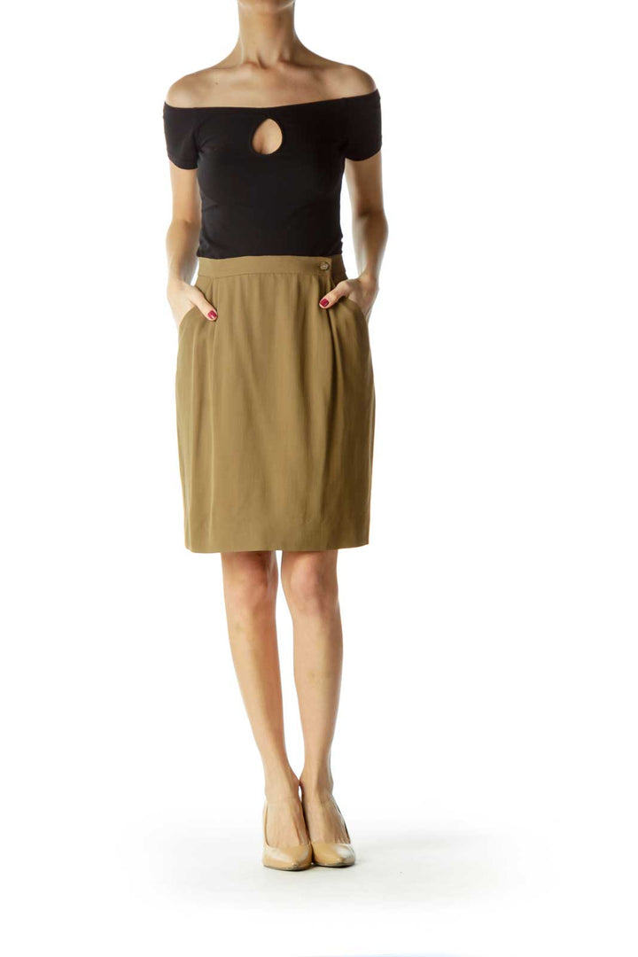 Brown Pocketed Side-Buttoned A-Line Skirt