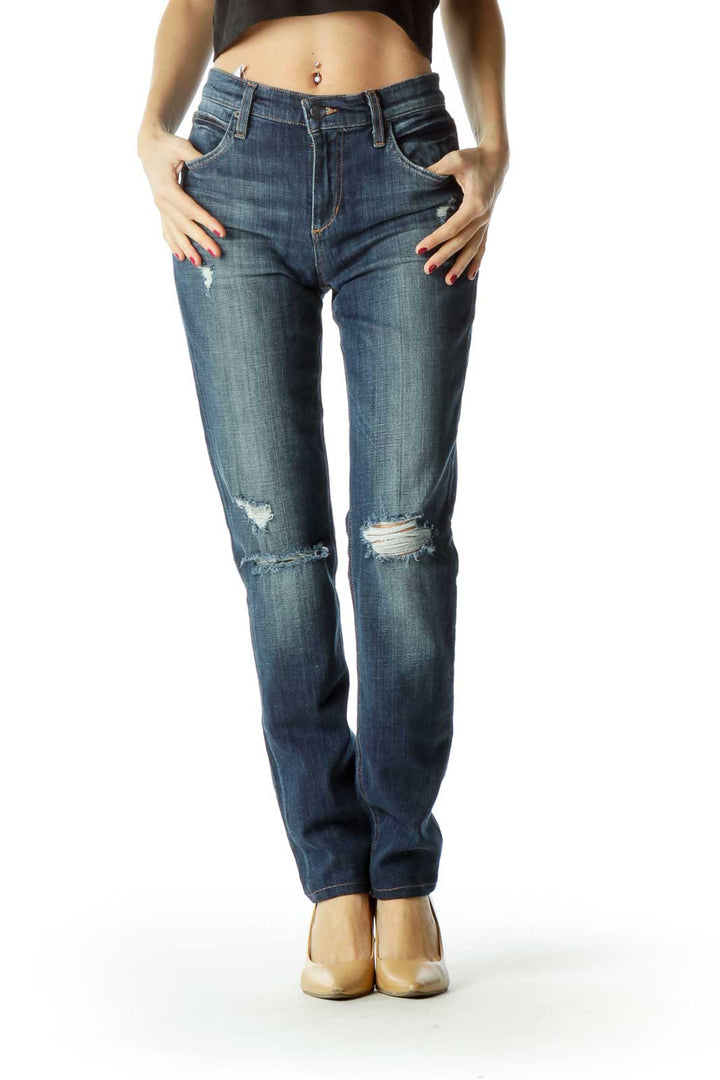 Blue Distressed Medium Wash Denim Pants