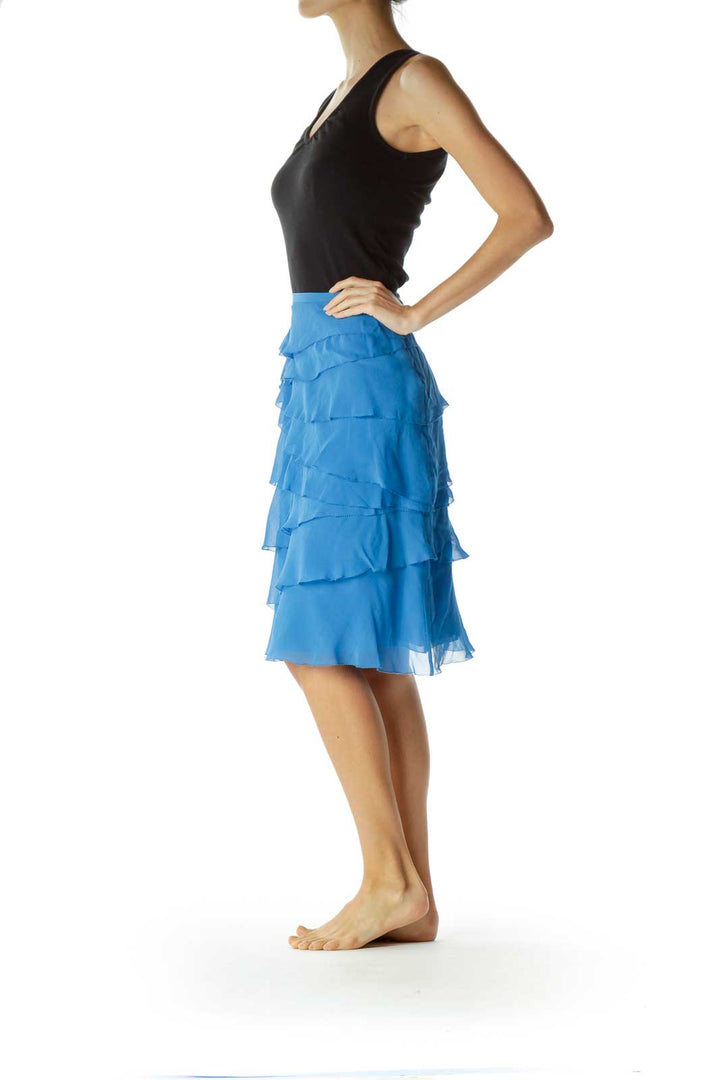 Blue 100% Silk Flared Skirt