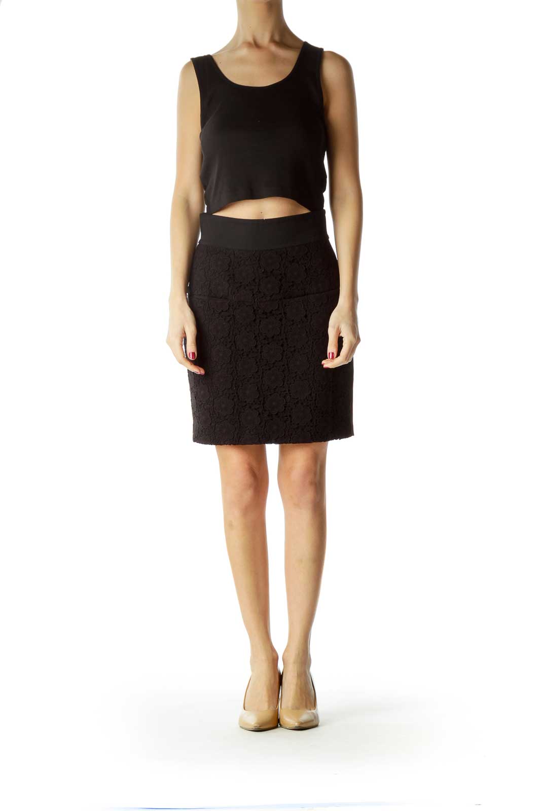 Black Flower Textured Front A-Line Skirt