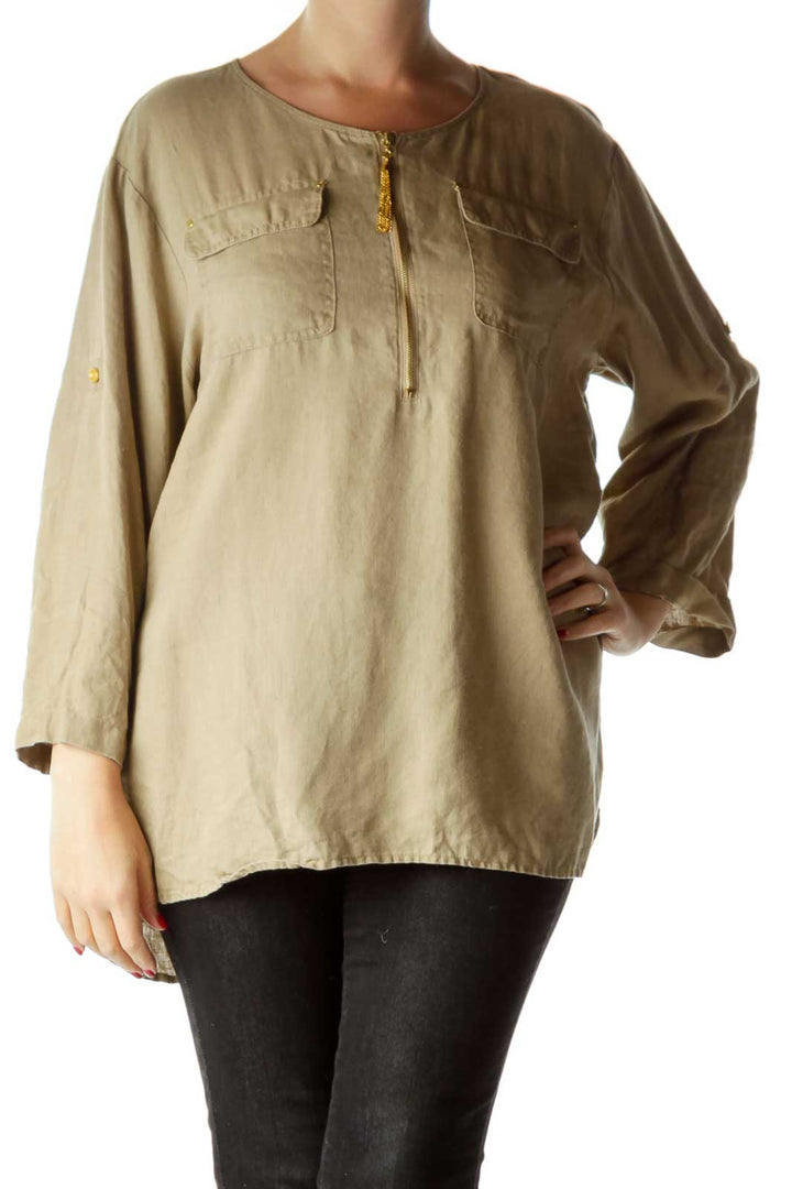 Brown Linen Zippered Top