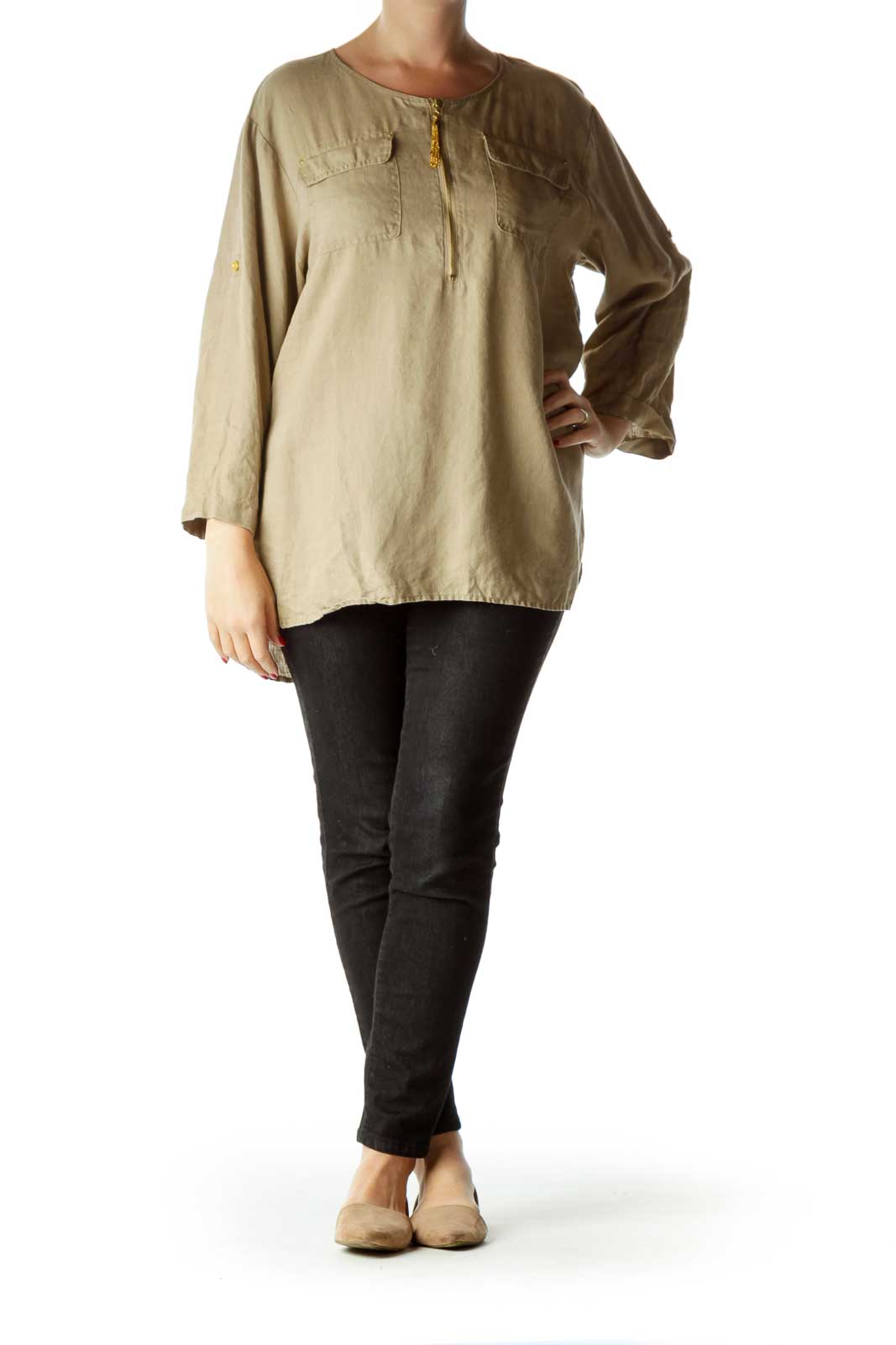 Brown Linen Zippered Top