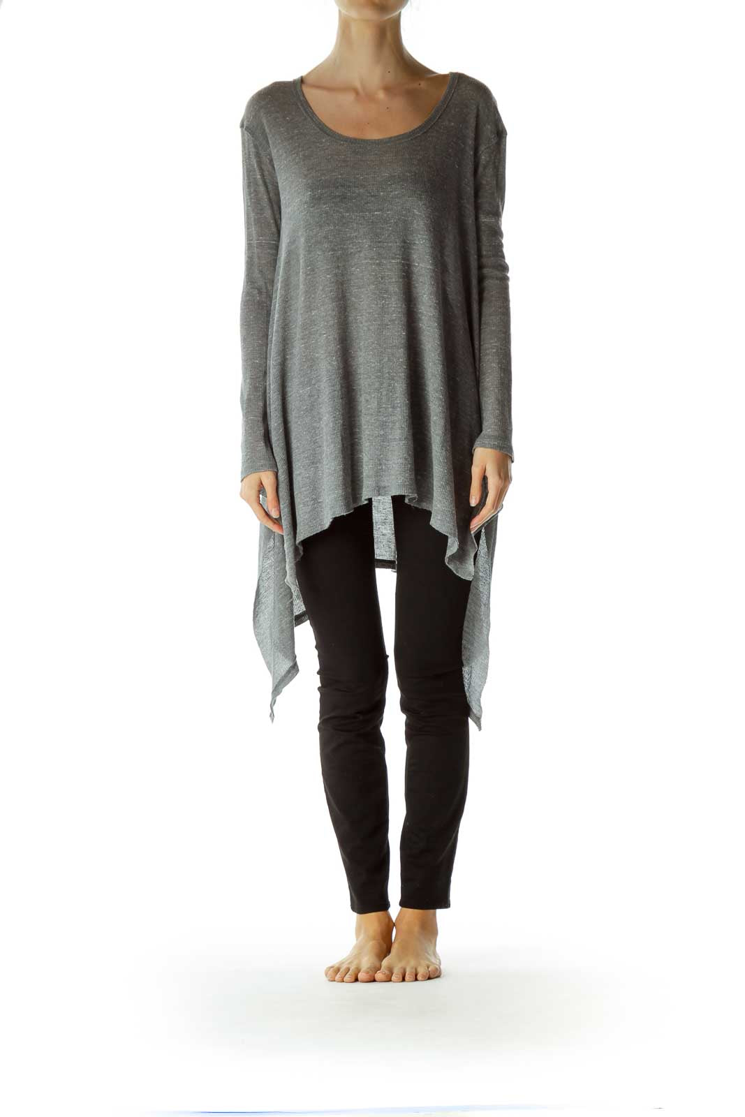 Front view of Free People gray asymmetrical flowy tunic top on model