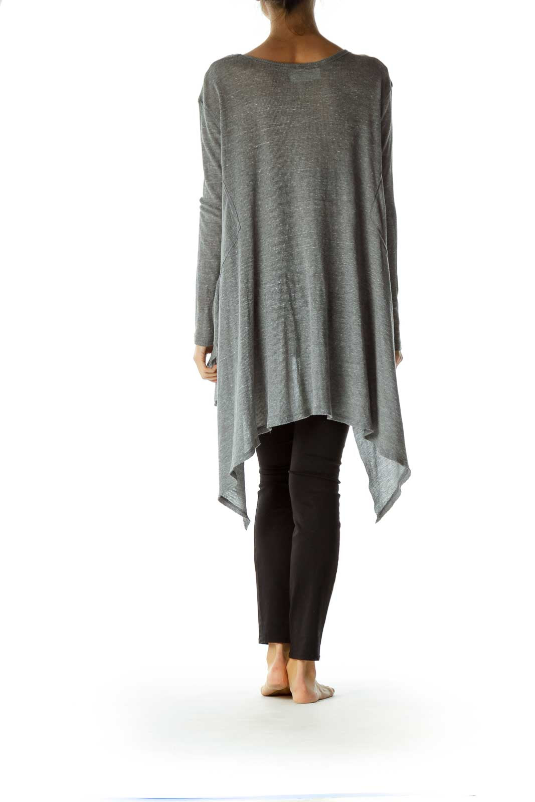 Back view of Free People gray asymmetrical flowy tunic top on model