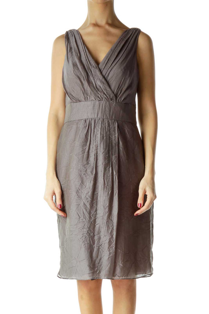 Gray V-Neck Sleeveless Work Dress