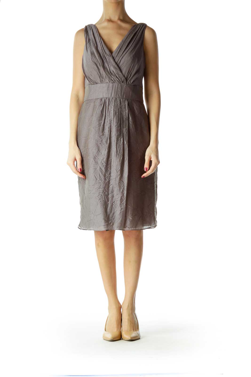 Gray V-Neck Sleeveless Work Dress