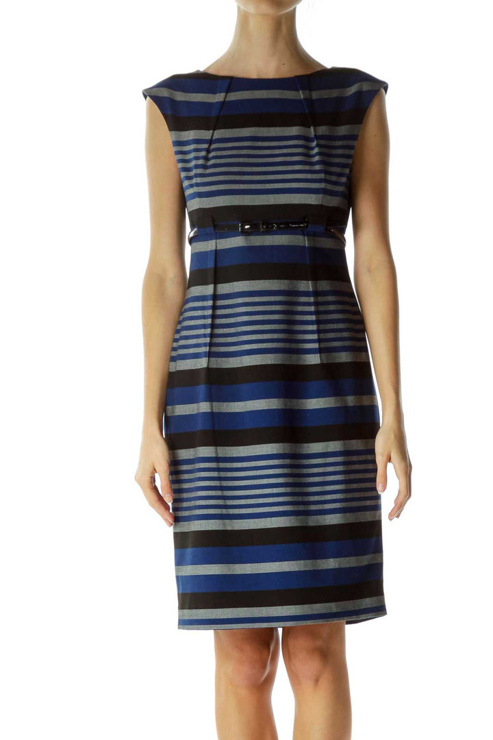 Multicolor Pleated Belted Work Dress