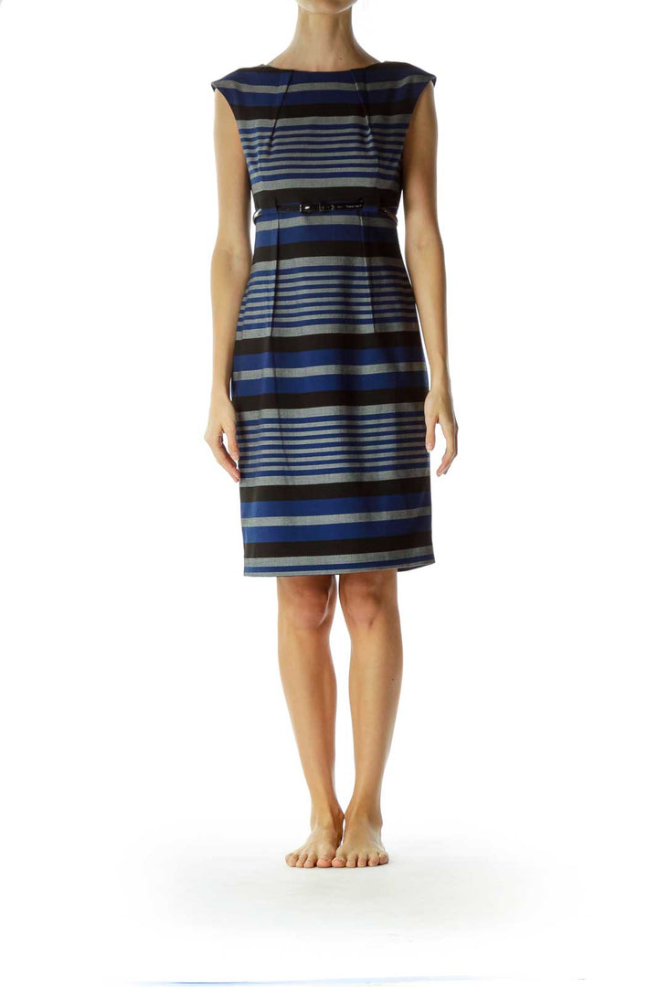 Multicolor Pleated Belted Work Dress