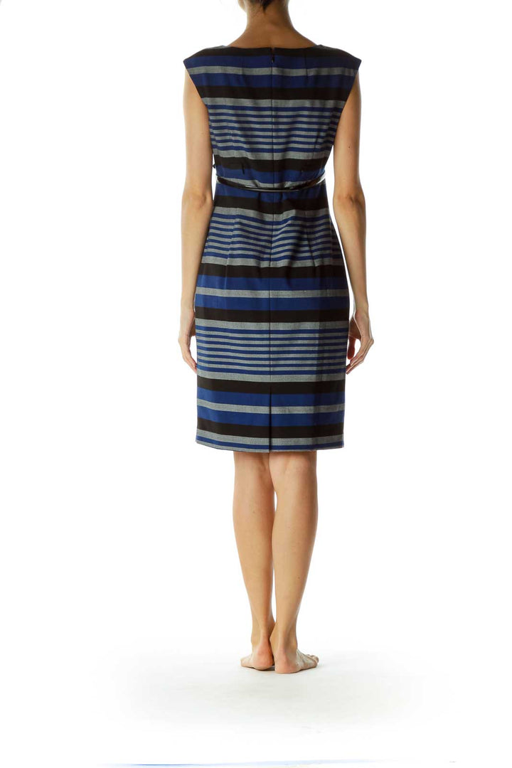 Multicolor Pleated Belted Work Dress