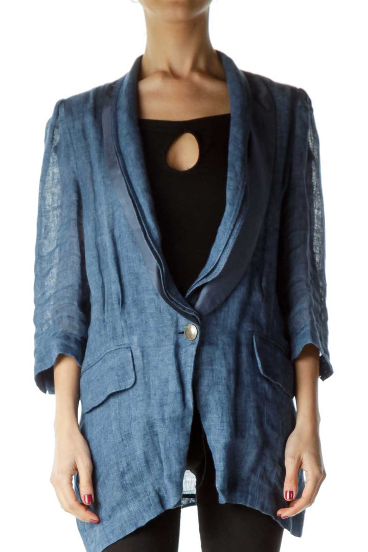 Blue Linen Silk Collar Blazer