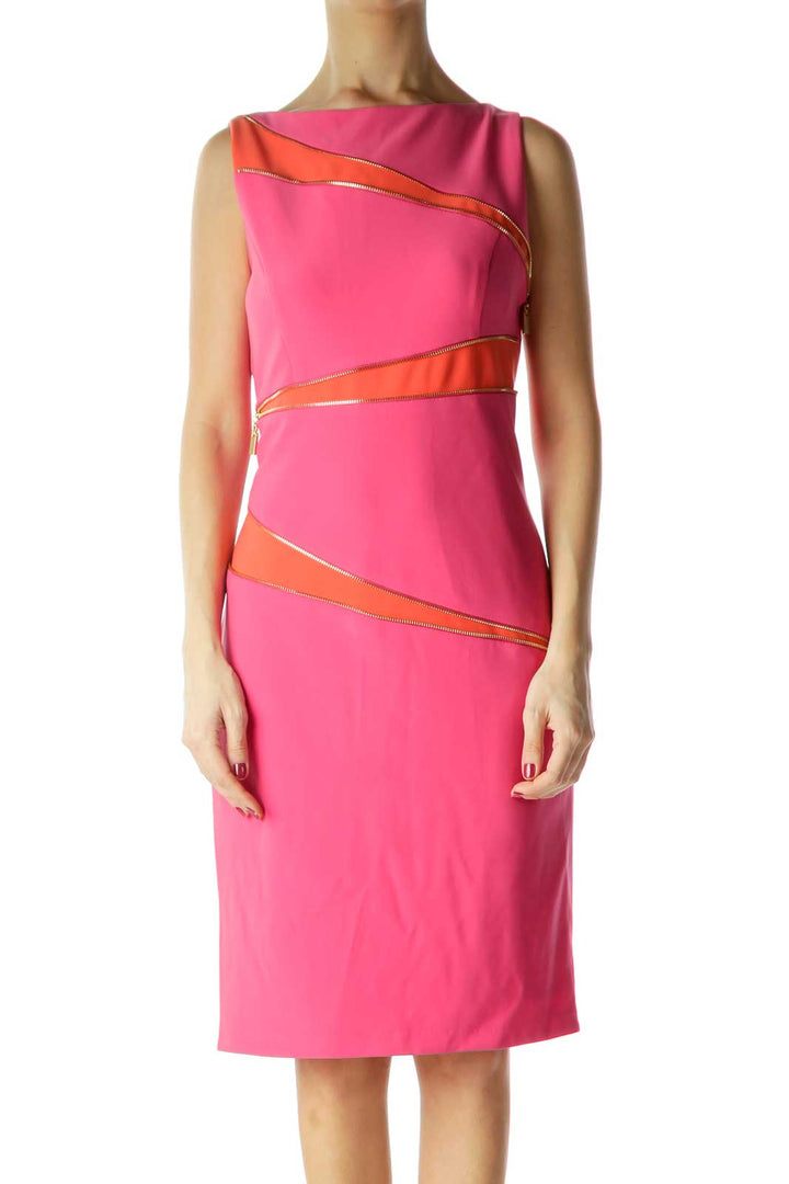 Pink Orange Work Dress with Diagonal Zippers