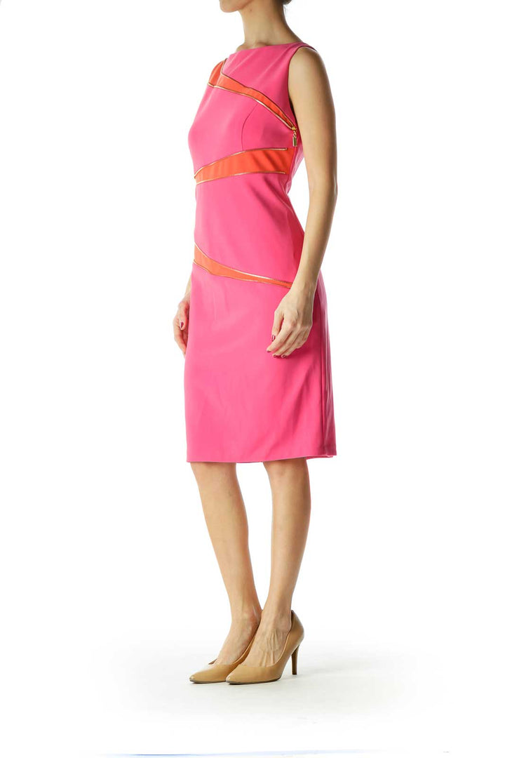 Pink Orange Work Dress with Diagonal Zippers