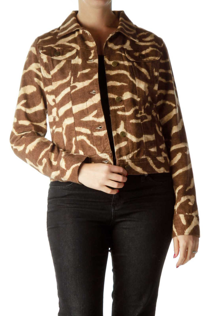 Brown Beige Zebra Print Denim Jacket