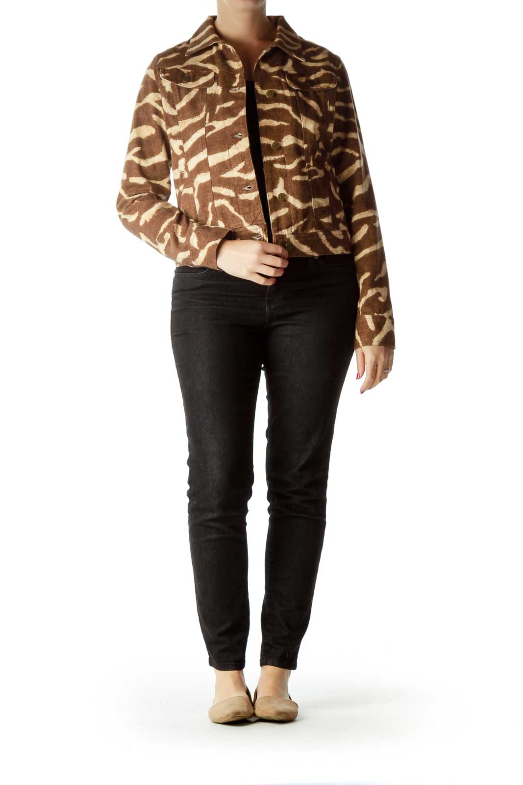 Brown Beige Zebra Print Denim Jacket