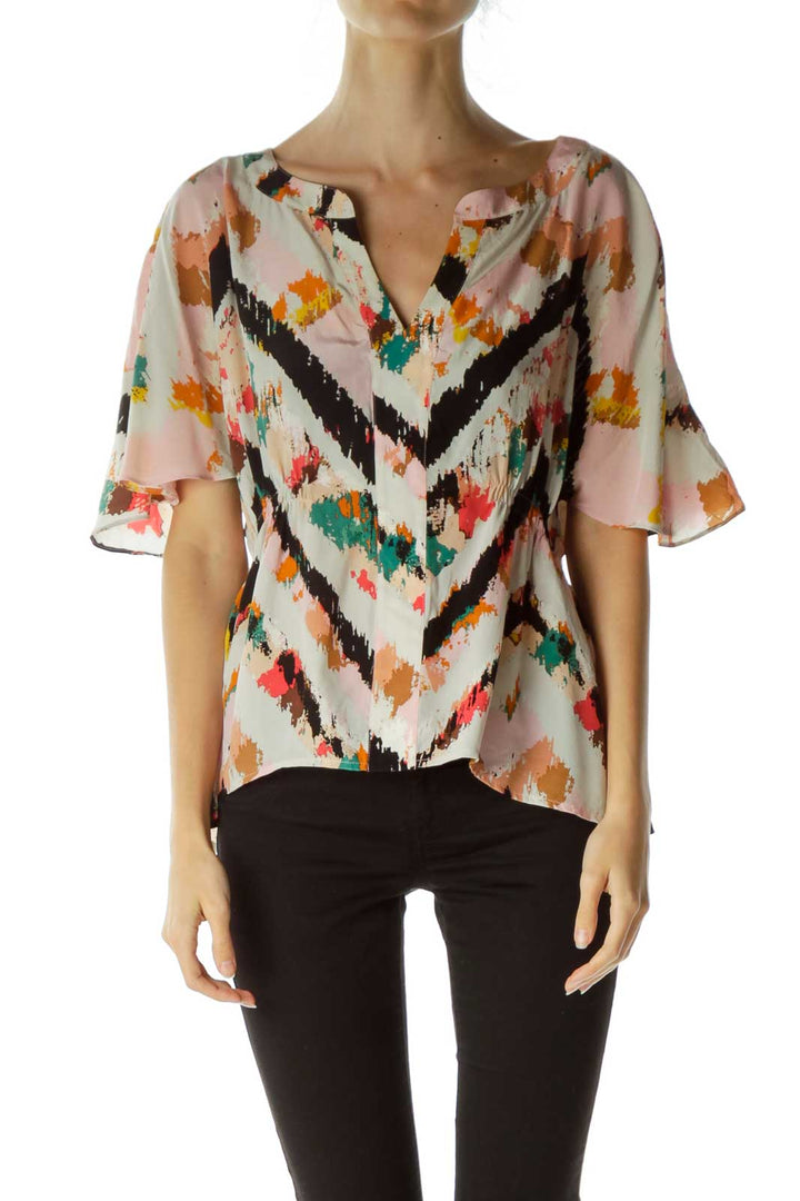 Pink Multicolor Print Scrunch Blouse