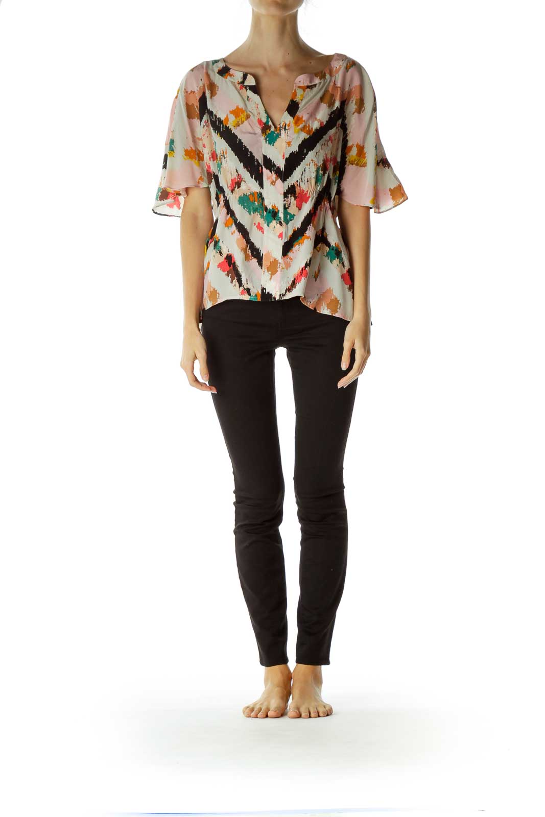 Pink Multicolor Print Scrunch Blouse