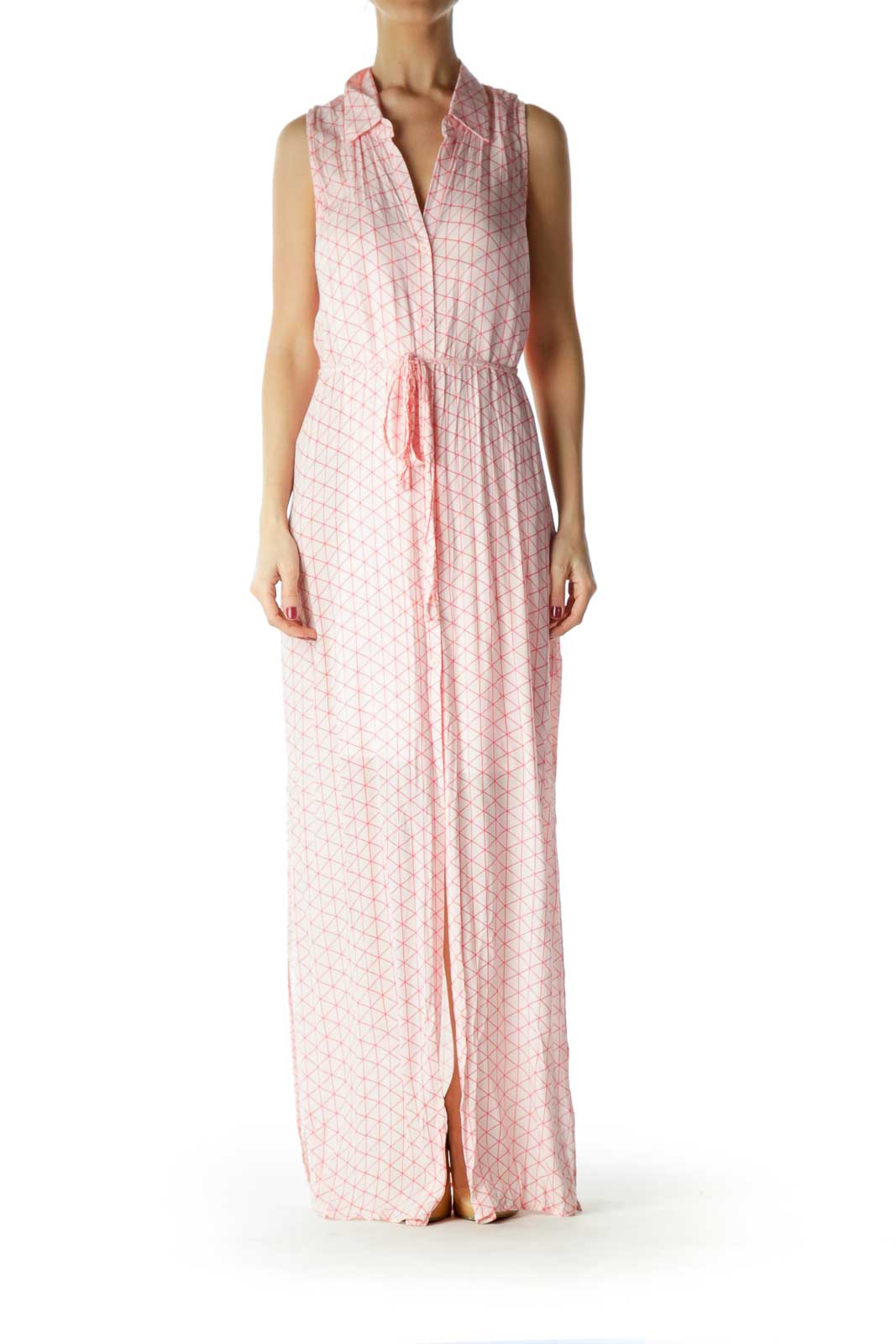 Pink Geometric Print Buttoned Day Dress