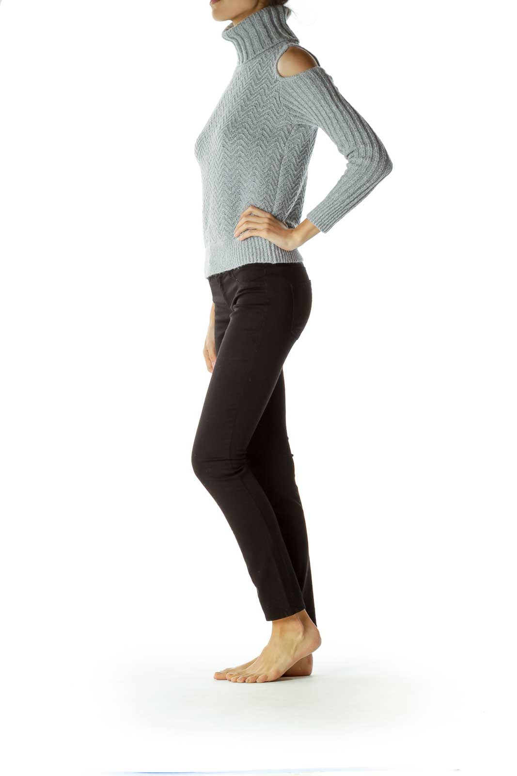 Gray Mottled Cowl Neck Cold-Shoulder Sweater