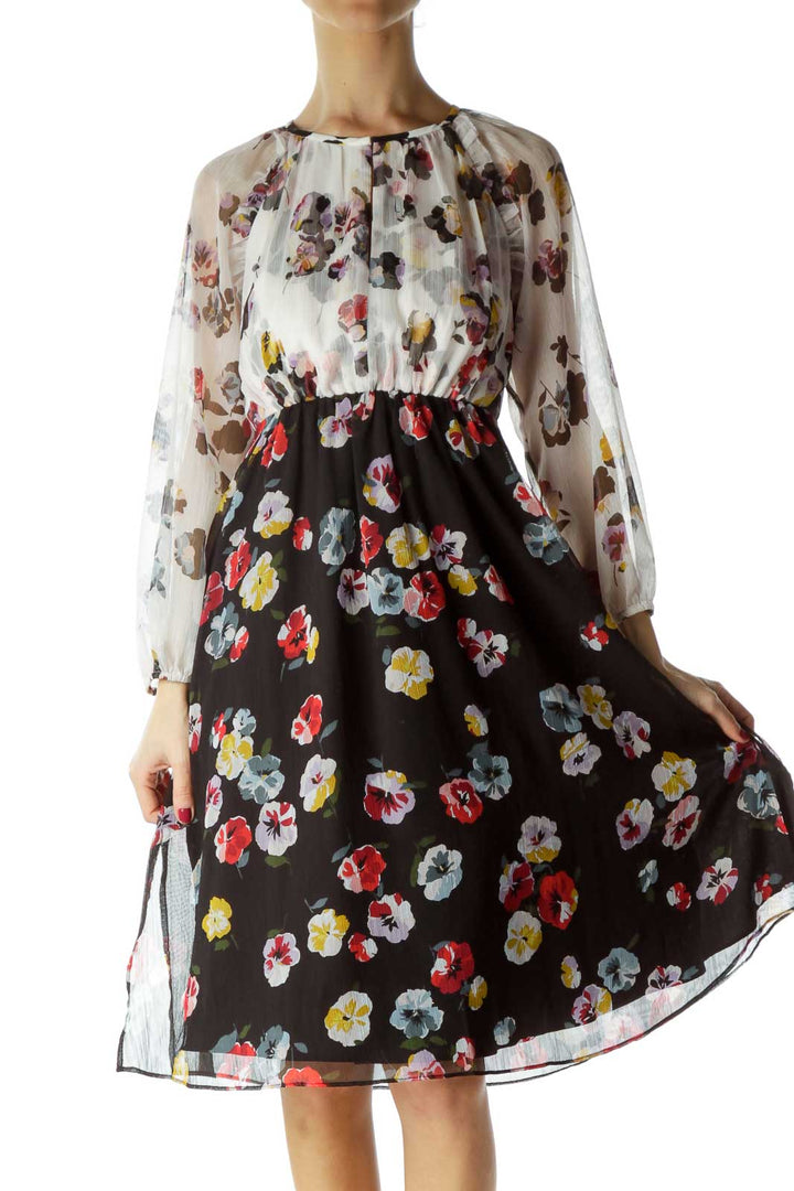 Cream Flower Print Empire Waist Dress