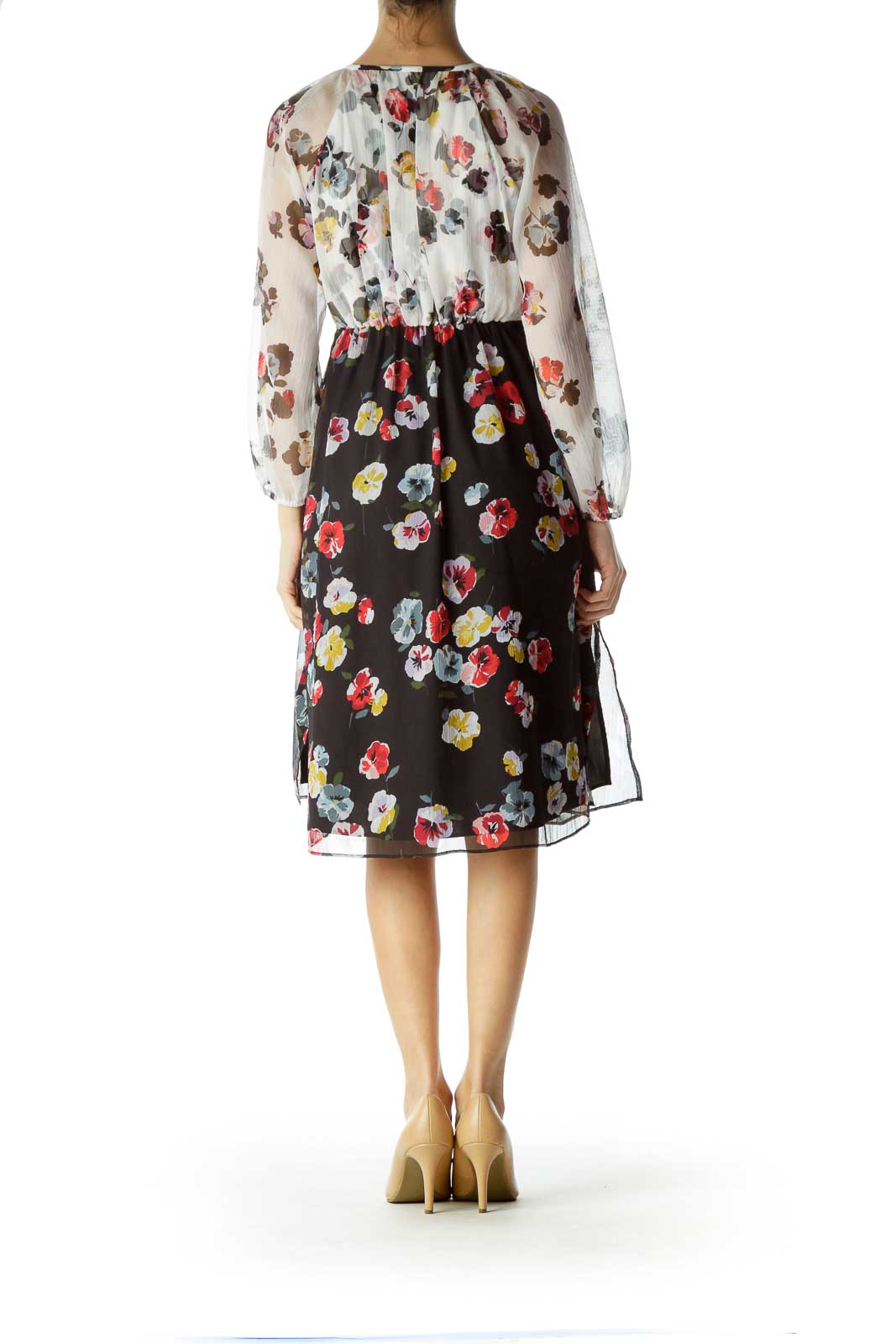 Cream Flower Print Empire Waist Dress