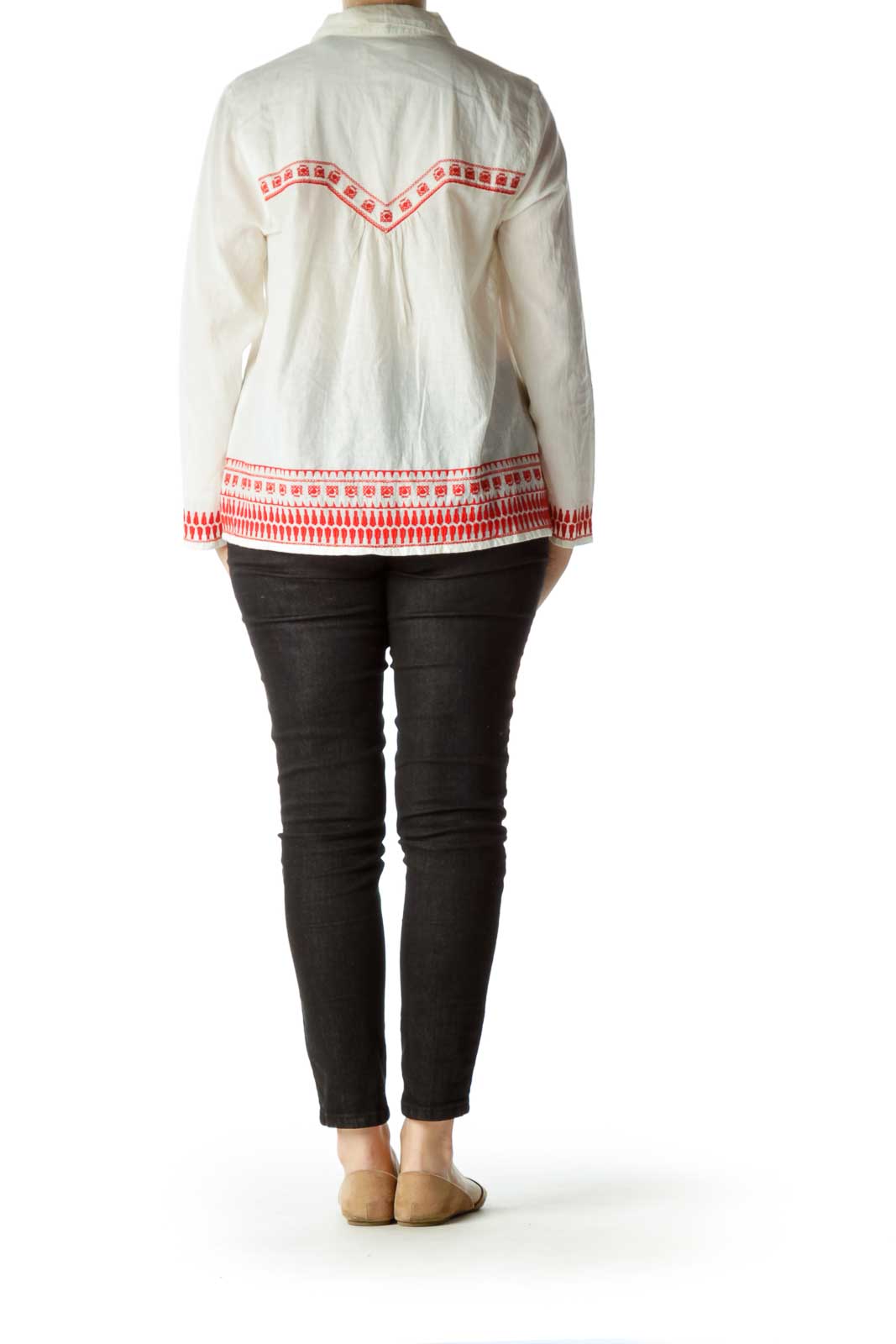 Cream Red Embroidered Shirt