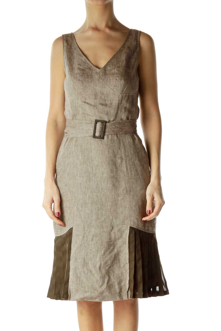 Brown Empire Waist Linen Silk Dress