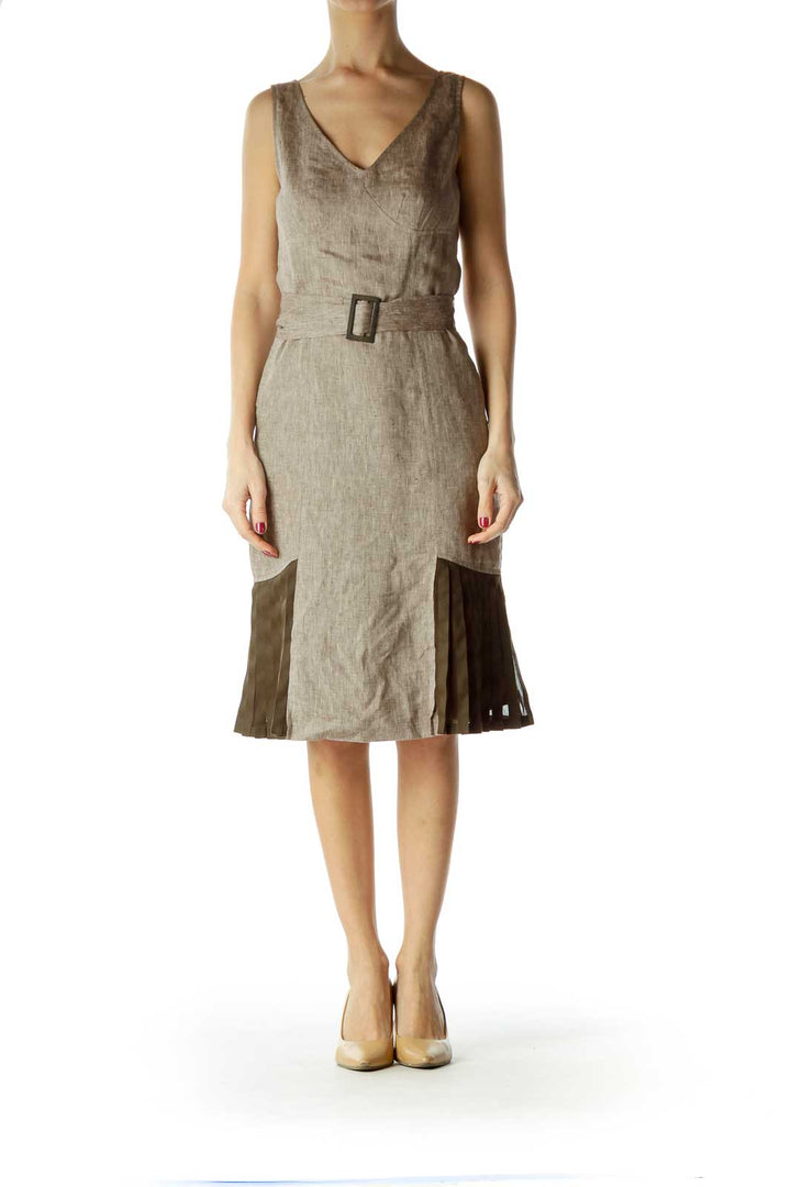 Brown Empire Waist Linen Silk Dress