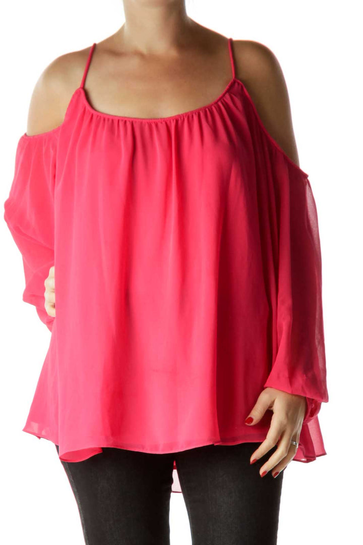 Pink Cold-Shoulder Long Sleeve Blouse