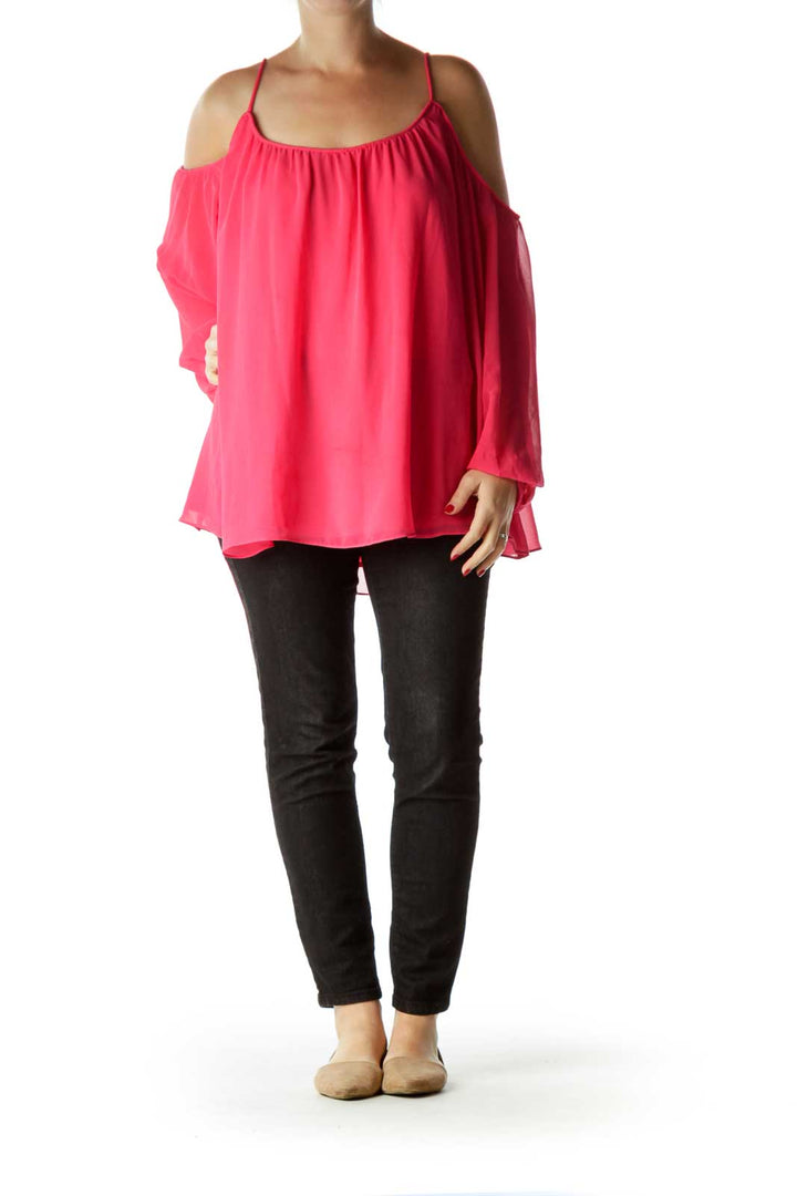 Pink Cold-Shoulder Long Sleeve Blouse