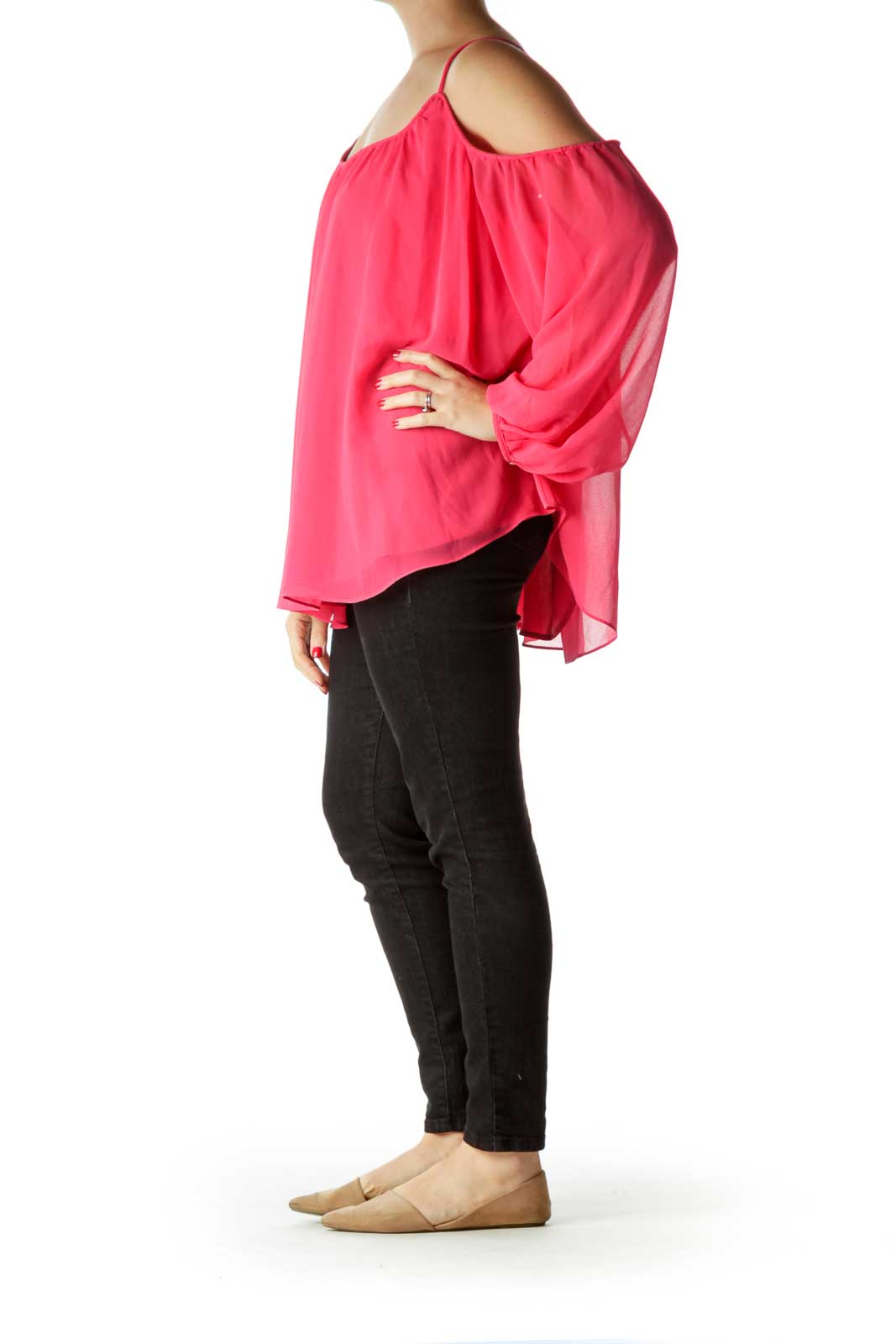 Pink Cold-Shoulder Long Sleeve Blouse