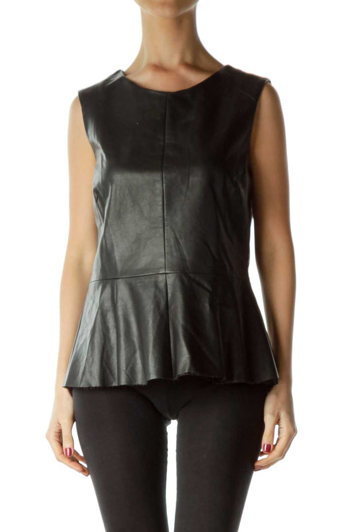 Black Peplum Faux Leather Round Neck Blouse