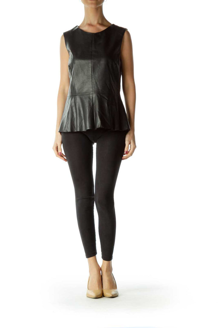 Black Peplum Faux Leather Round Neck Blouse