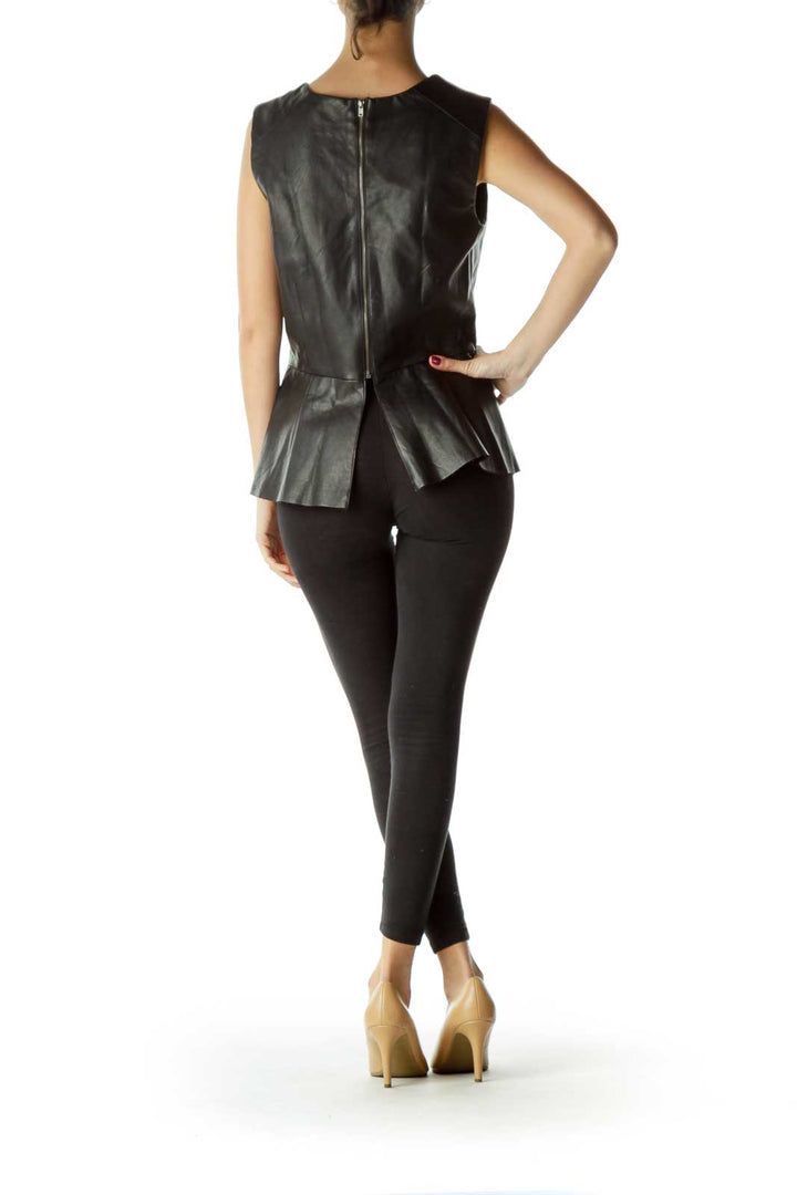 Black Peplum Faux Leather Round Neck Blouse