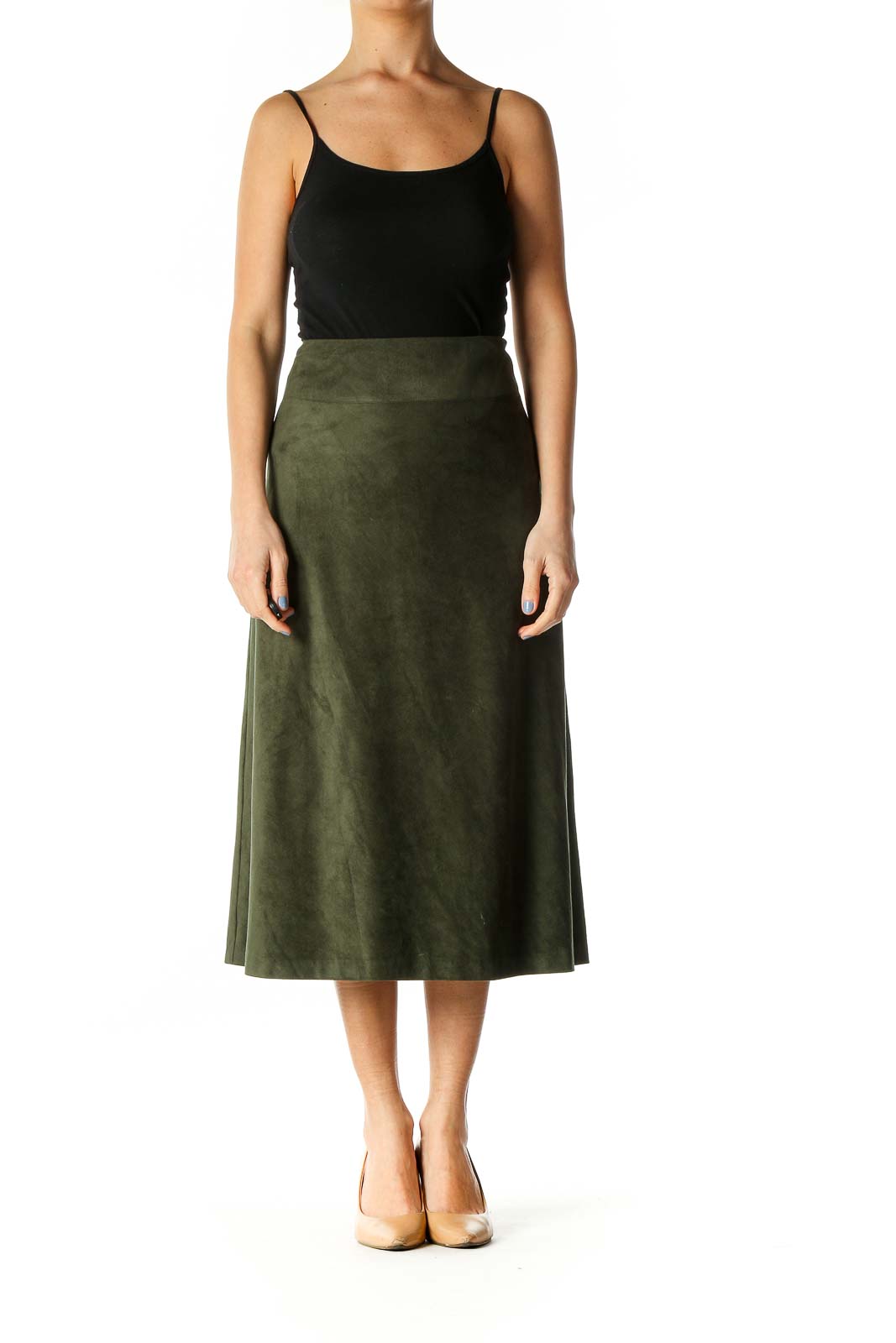 Green Faux Suede Flared Skirt