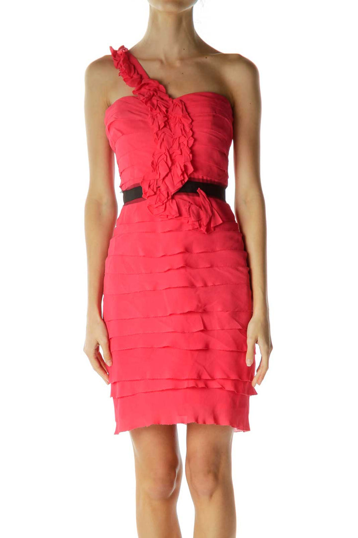 Pink Ruffled One-Shoulder Cocktail Dress