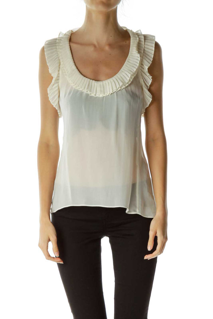 Cream 100% Silk Pleated Sleeveless Blouse